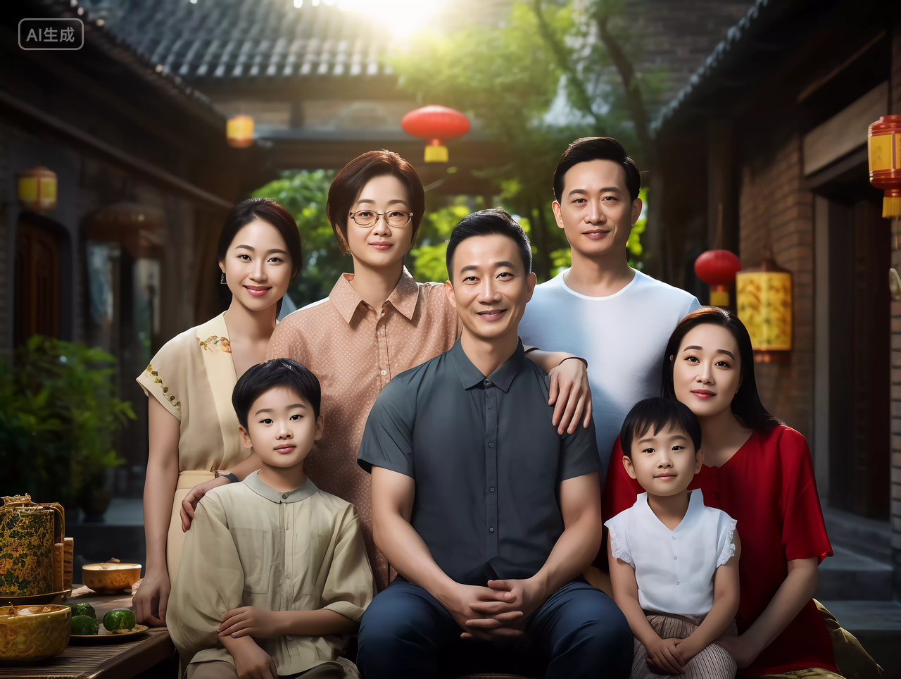 中秋团圆的一家人坐在一起的一家人家庭微笑喜庆中秋节八月十五中国文化传统节日花好月圆