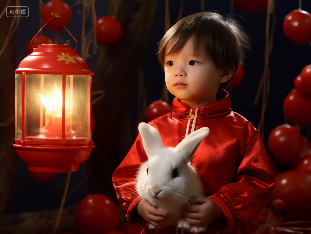 小男孩抱着一只小白兔儿童喜庆中秋节八月十五中秋月亮中国文化传统节日花好月圆