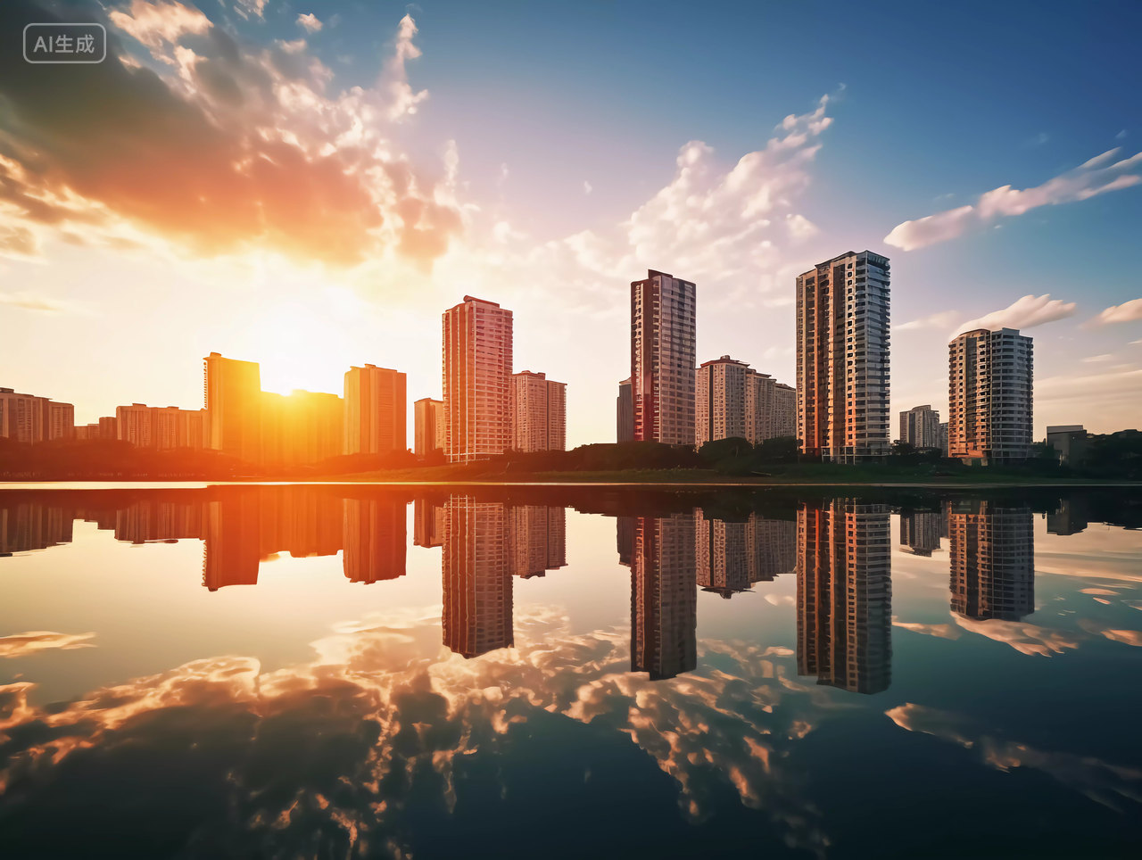 房子落日余晖下的城市楼房建筑湖水房子高楼大厦房屋居住房地产摩天大楼都市风景