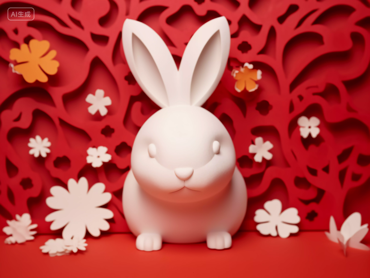白色可爱圆润兔子模型中国红剪纸喜庆中秋节八月十五中秋月亮中国文化传统节日花好月圆