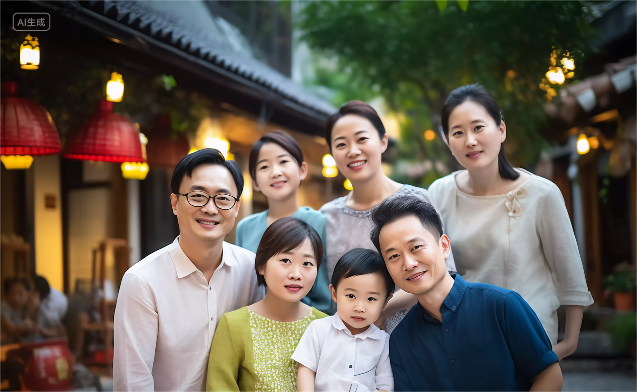 中秋团圆的一家人坐在一起的一家人家庭微笑喜庆中秋节八月十五中国文化传统节日花好月圆