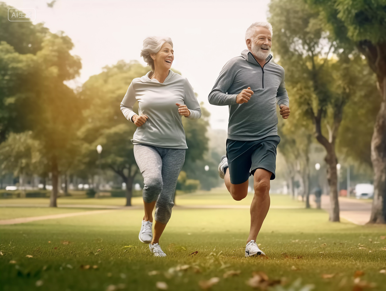 一对老年人在公园跑步运动方式锻炼身体健身健康生活健康生活理念