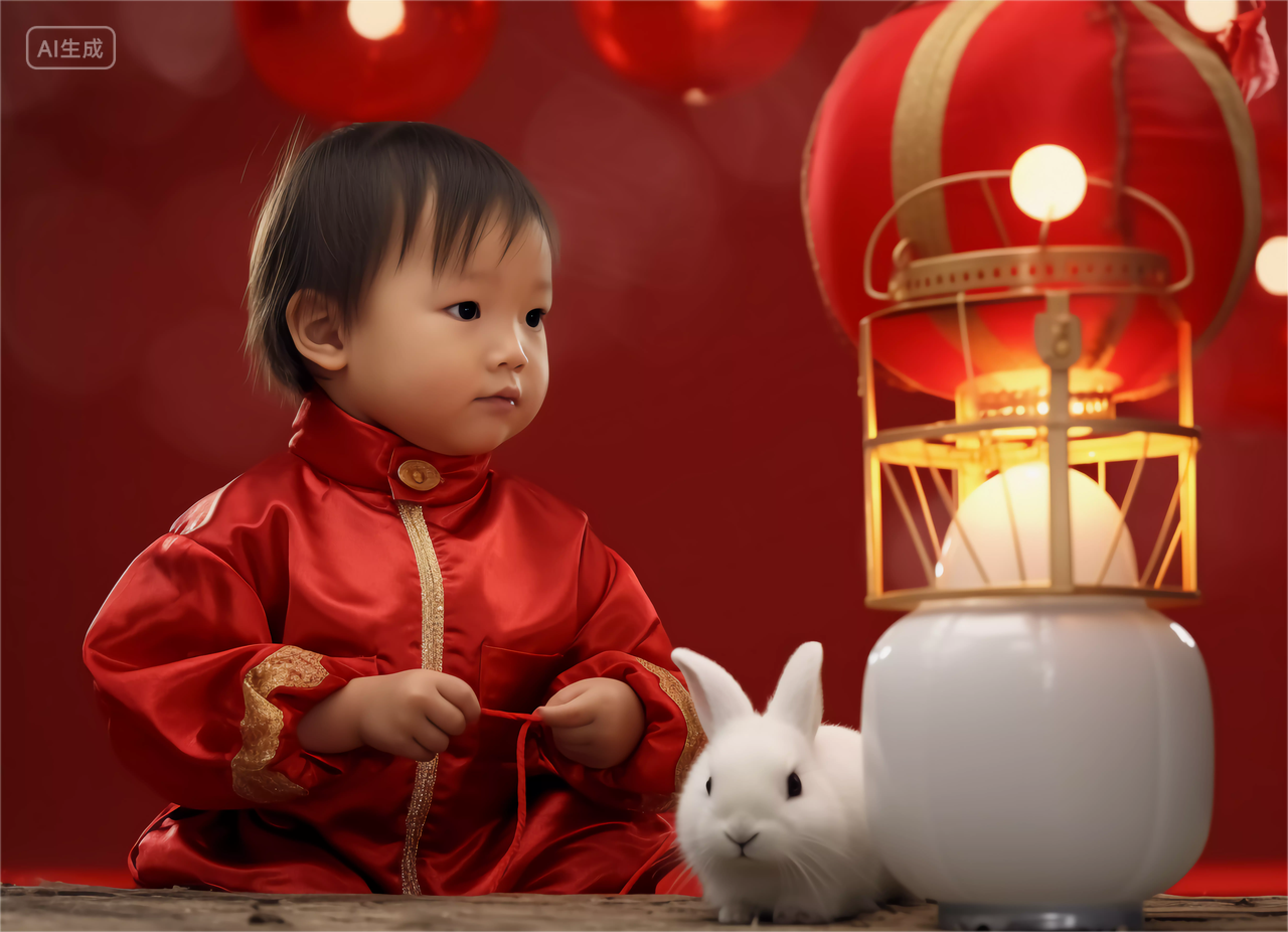 小男孩抱着一只小白兔儿童喜庆中秋节八月十五中秋月亮中国文化传统节日花好月圆