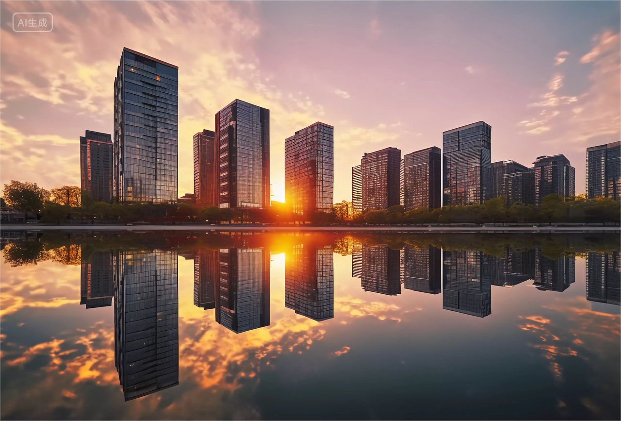 房子落日余晖下的城市楼房建筑湖水房子高楼大厦房屋居住房地产摩天大楼都市风景