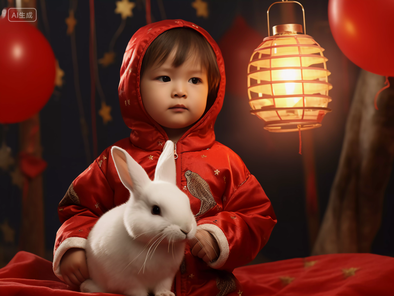 小男孩抱着一只小白兔儿童喜庆中秋节八月十五中秋月亮中国文化传统节日花好月圆