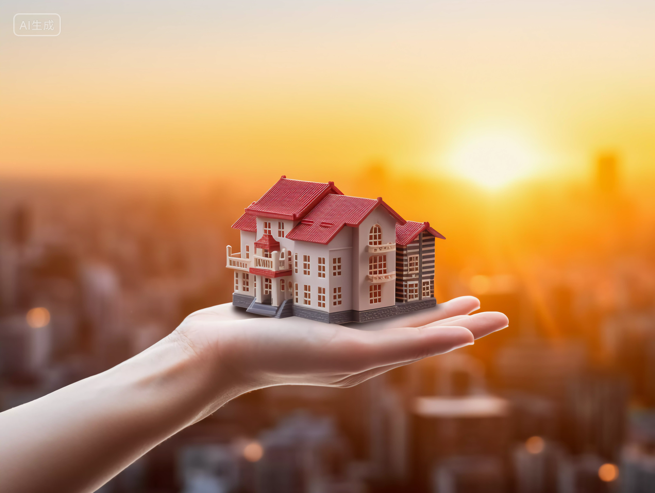 手托着一个小房子模型高楼背景夕阳落日光房子房屋居住摩天大楼都市风景房地产概念图
