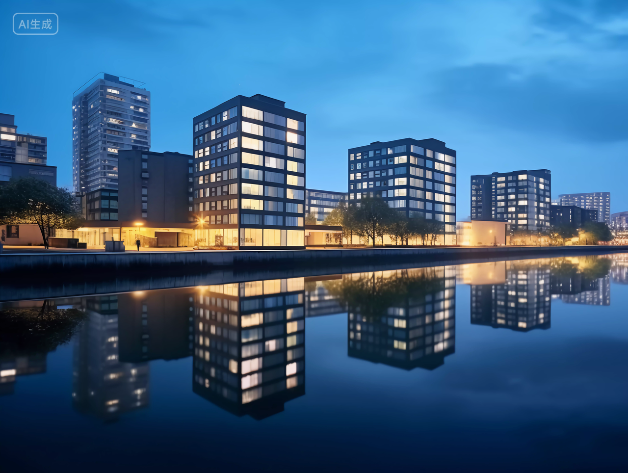 夜晚下的城市楼房建筑湖水房子高楼大厦房屋居住房地产摩天大楼都市风景