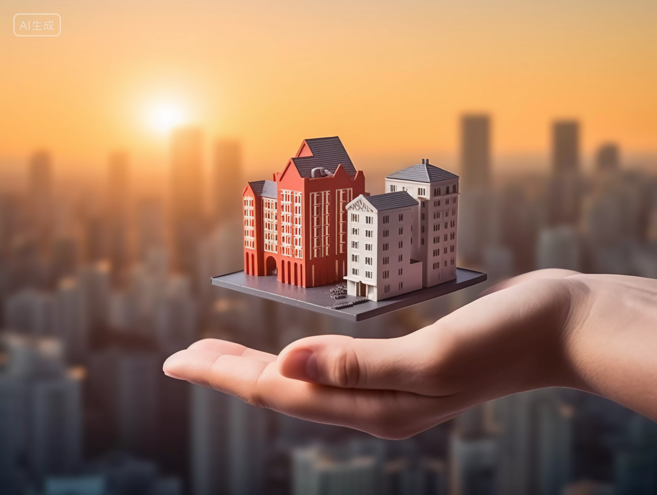 手托着一个小房子模型城市高楼背景夕阳落日光房子高楼大厦房屋居住摩天大楼都市风景房地产概念图