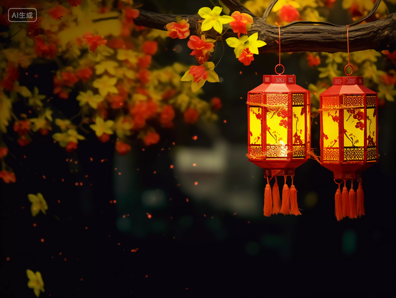 黄色桂花下的红灯笼中秋节夜晚喜庆中秋节八月十五中秋月亮中国文化传统节日花好月圆