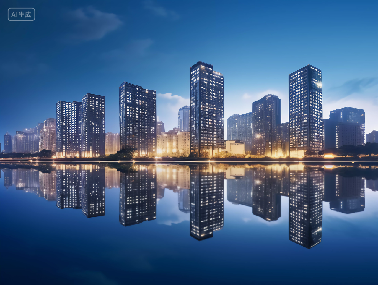 夜晚下的城市楼房建筑湖水房子高楼大厦房屋居住房地产摩天大楼都市风景