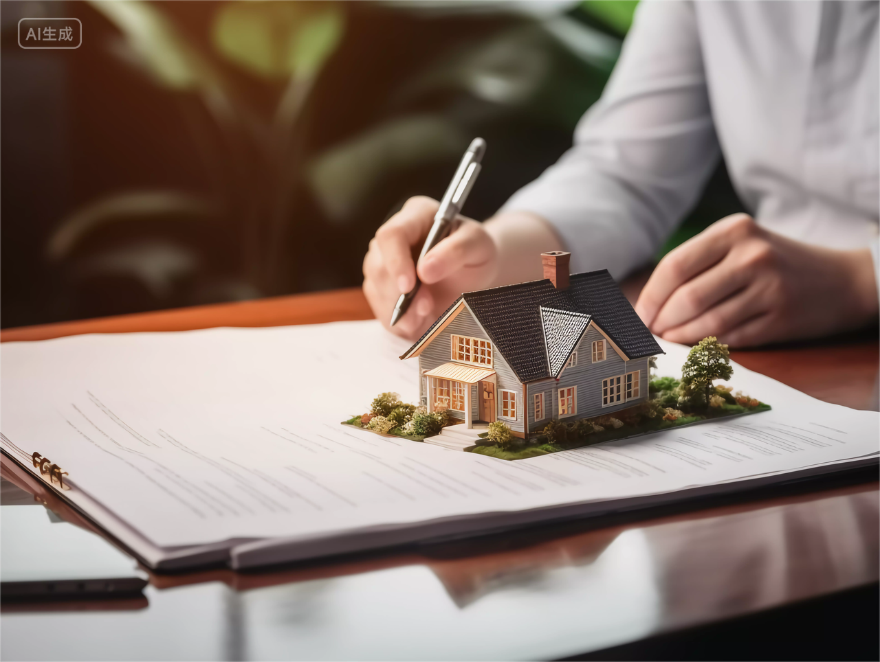 桌上的小房子模型一个人在签合同房子高楼大厦房屋居住摩天大楼都市风景房地产概念图