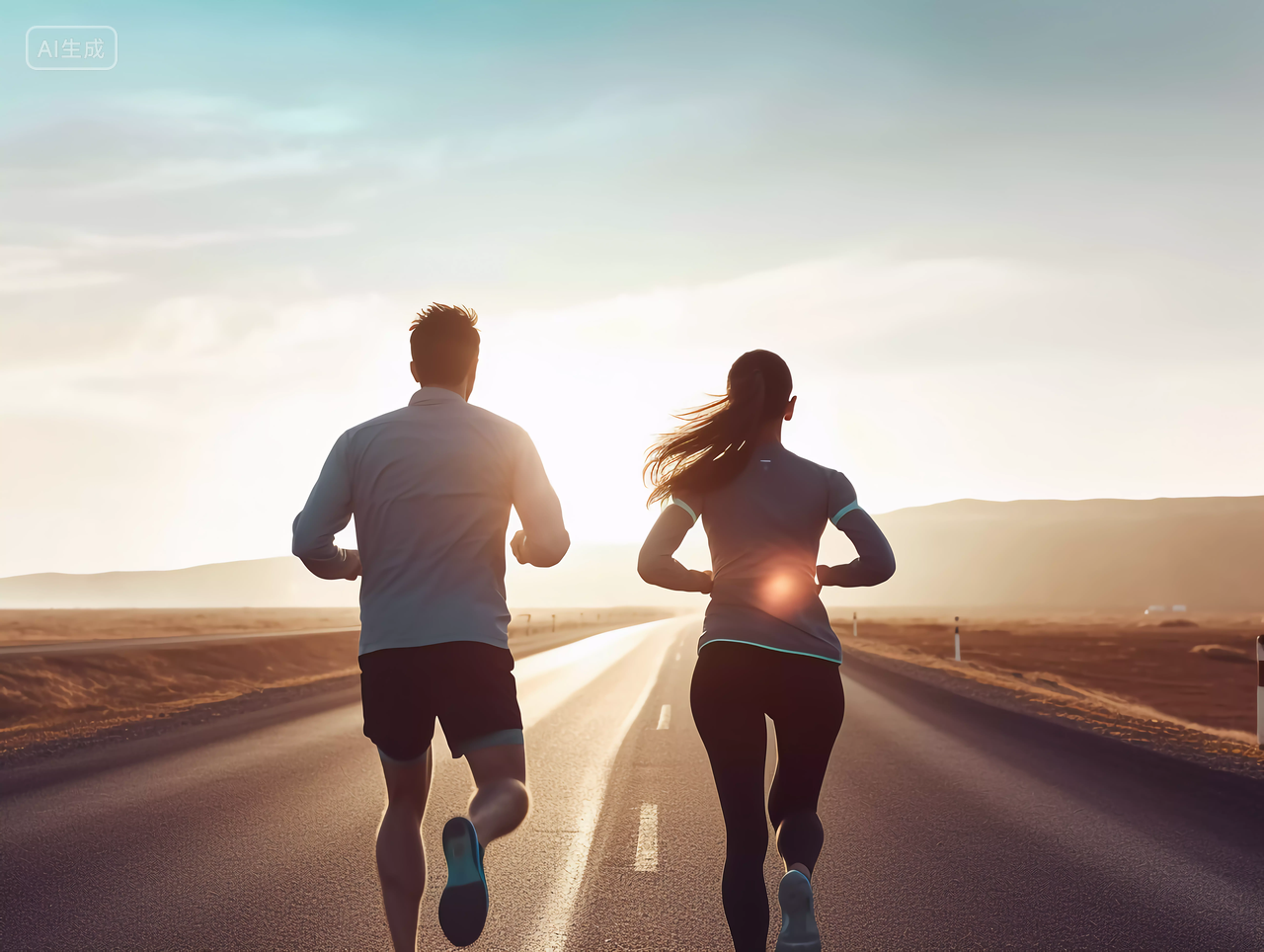 情侣一起在户外跑步运动服夕阳背影运动方式锻炼身体健身健康生活健康生活理念