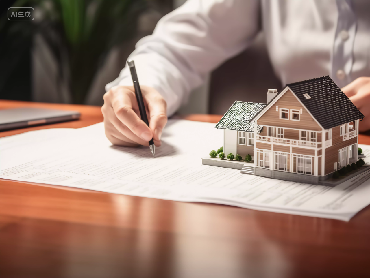 桌上的小房子模型一个人在签合同房子房屋居住摩天大楼都市风景房地产概念图