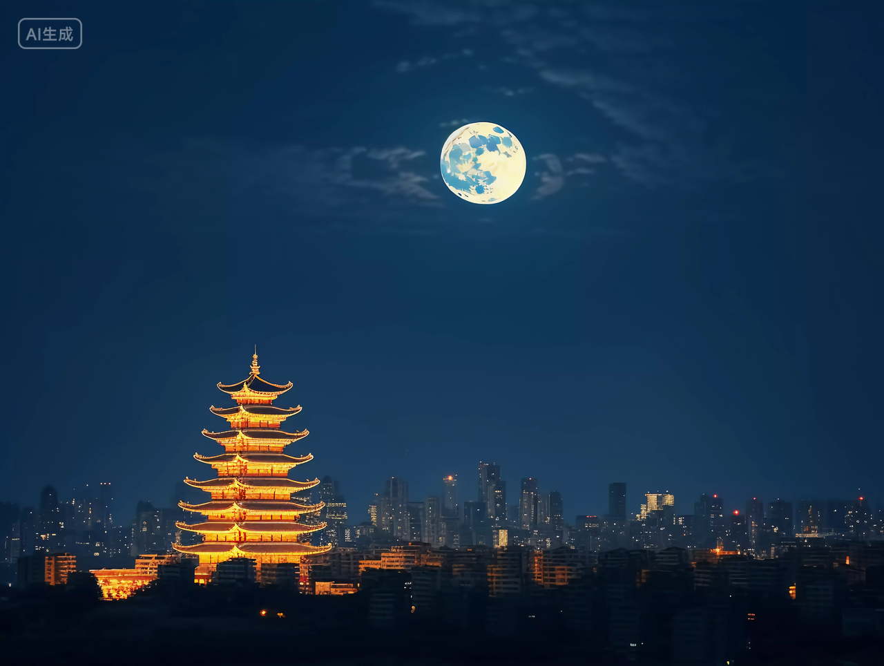 中秋圆月下的城市月亮明月夜晚城市城市高楼建筑喜庆中秋节八月十五中国文化传统节日花好月圆