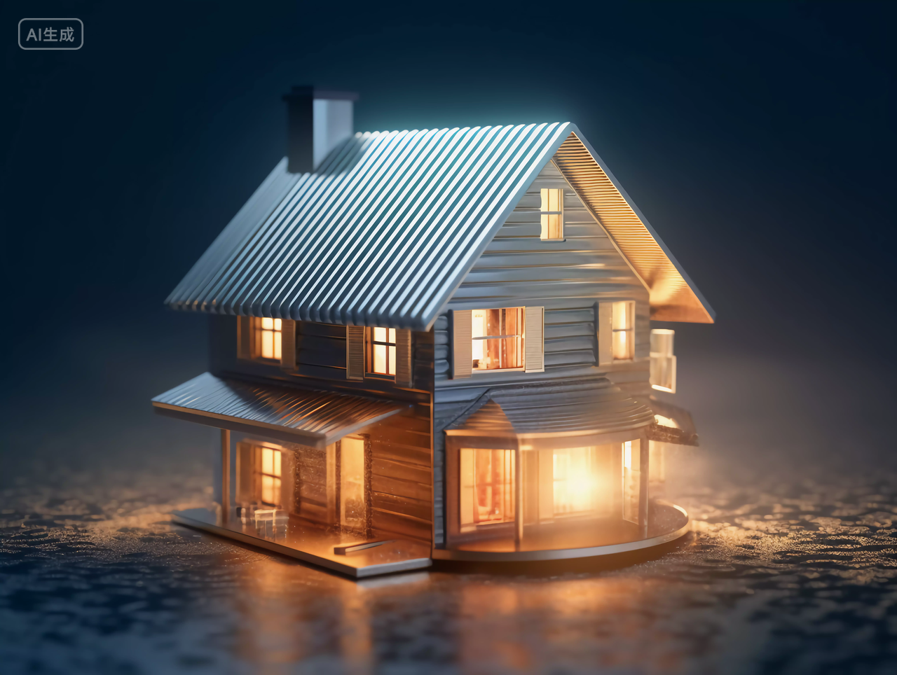 黄色金币上的发光的房子金属质感房子模型的创意广告图房子高楼大厦房屋居住房地产摩天大楼都市风景