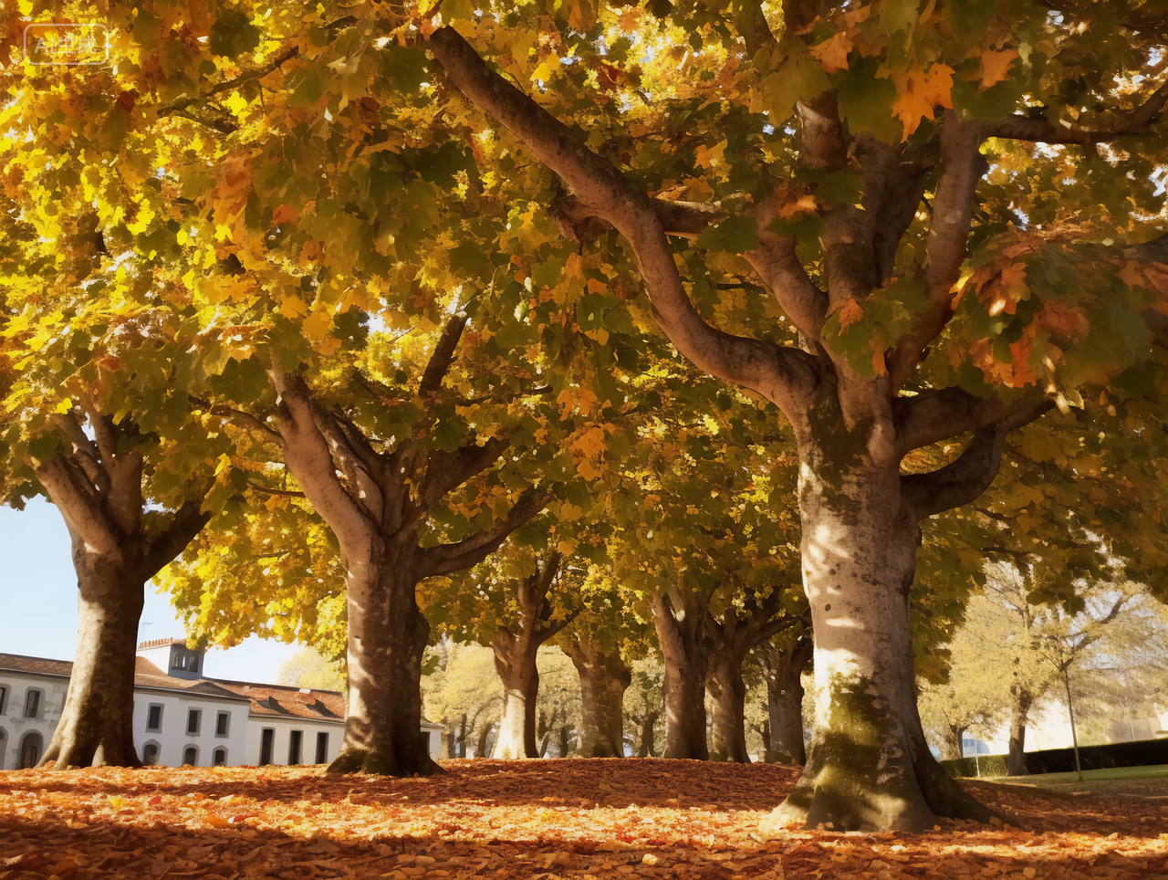 黄色梧桐大树粗壮树干秋天深秋的梧桐树梧桐叶法国梧桐浪漫壁纸风景