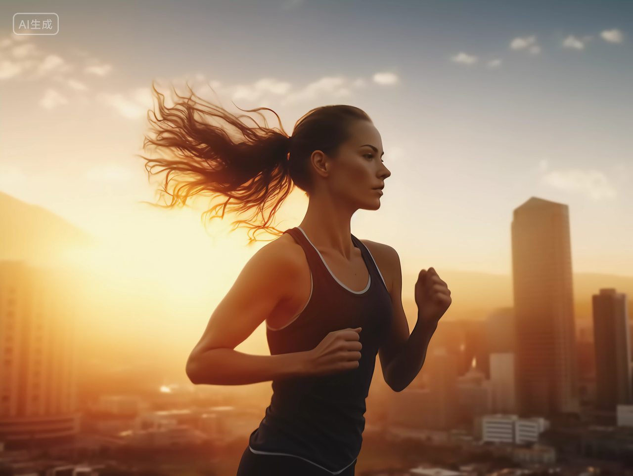 女人在户外跑步夕阳城市背景运动方式锻炼身体健身健康生活健康生活理念