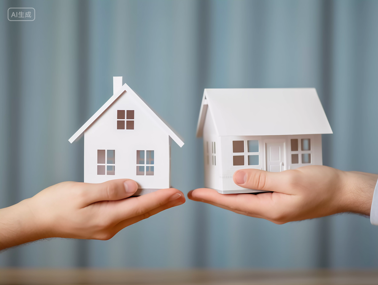 两只手托着两个白色的房子模型创意广告图房子高楼大厦房屋居住房地产摩天大楼都市风景