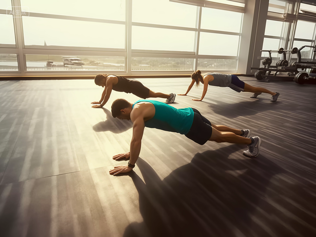 人们在健身房平板支撑健身房场所背景运动方式锻炼身体健身健康生活健康生活理念