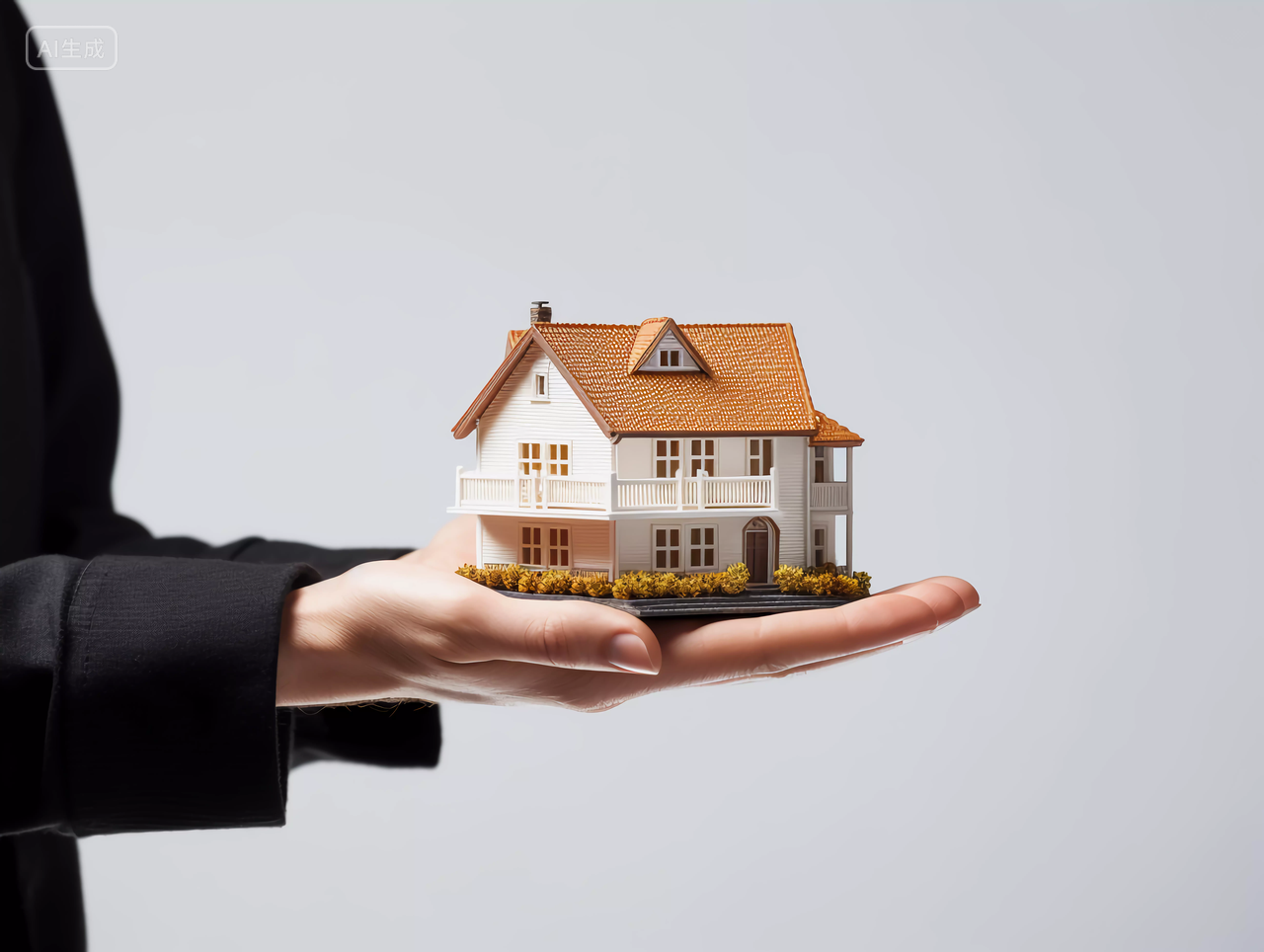 手托着一个小房子模型房子房屋居住摩天大楼都市风景房地产概念图