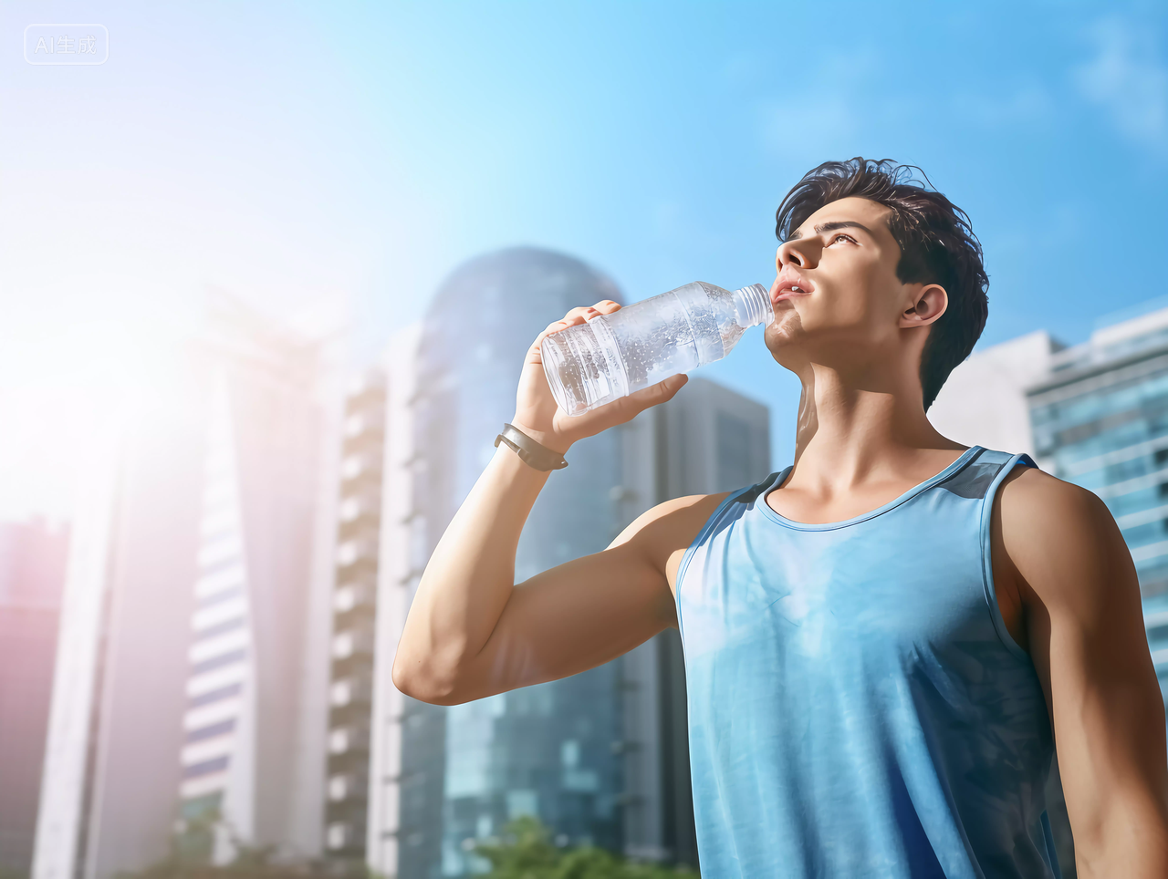 青年男人运动后仰头喝水城市背景运动方式锻炼身体健身健康生活健康生活理念