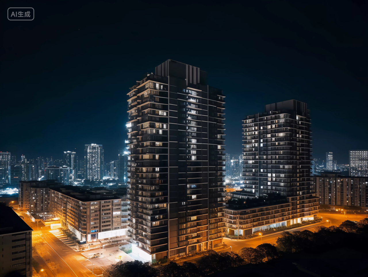 万家灯火城市夜景夜晚现代高层住宅建筑大楼水平镜头房子高楼大厦房屋居住房地产摩天大楼都市风景