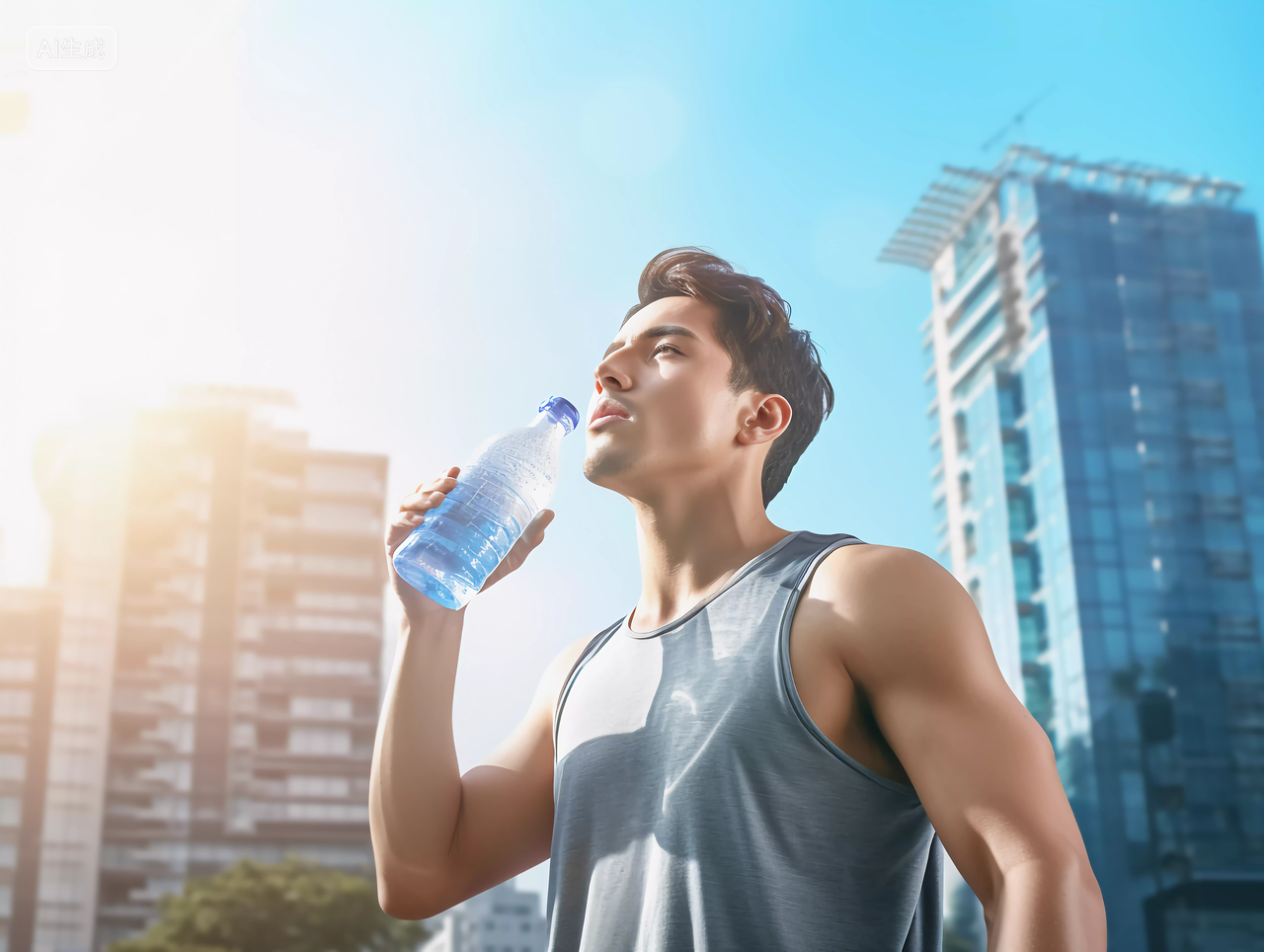 青年男人运动后仰头喝水城市背景运动方式锻炼身体健身健康生活健康生活理念