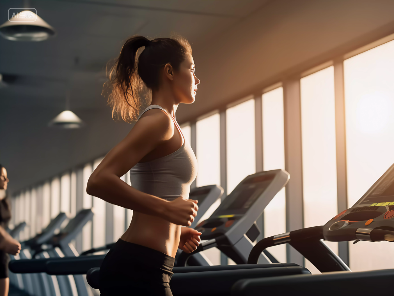 一个女人在跑步机上跑步运动方式锻炼身体健身健康生活健康生活理念