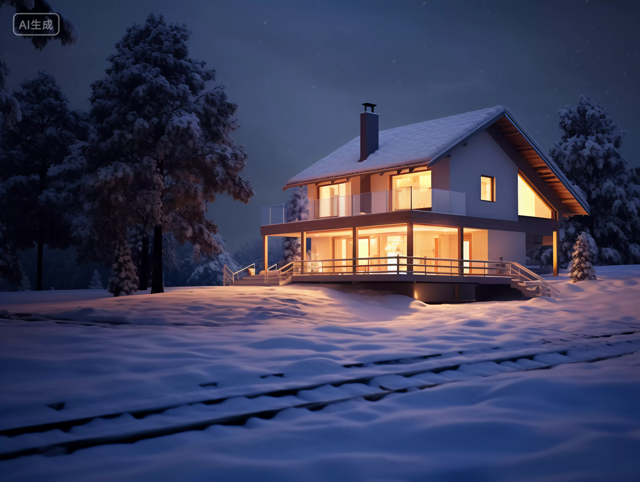 雪地里灯火通明的房屋美丽的现代住宅别墅房房子高楼大厦房屋居住房地产摩天大楼都市风景