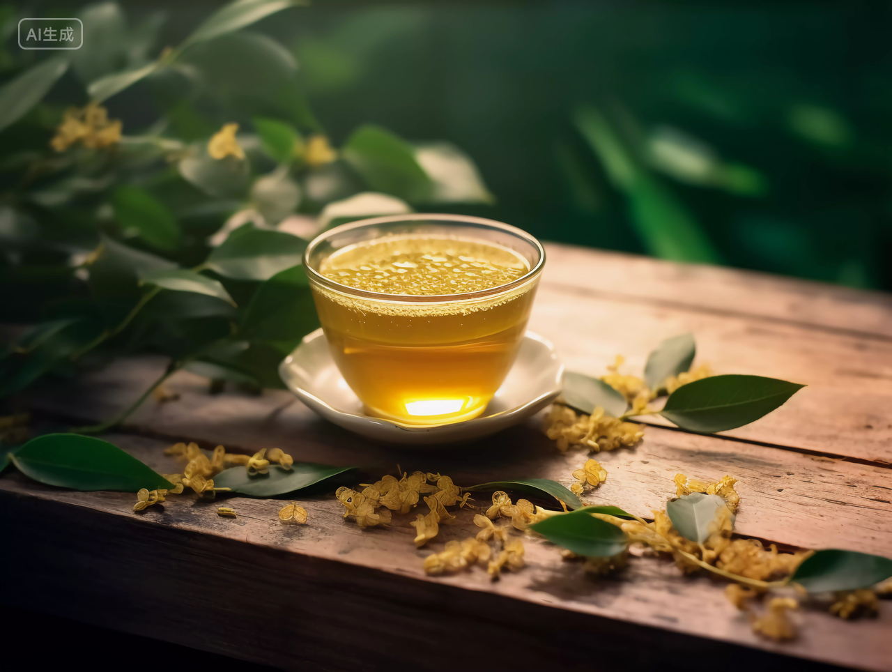 木桌上的桂花茶黄色桂花中秋桂花喜庆中秋节八月十五中国文化传统节日花好月圆