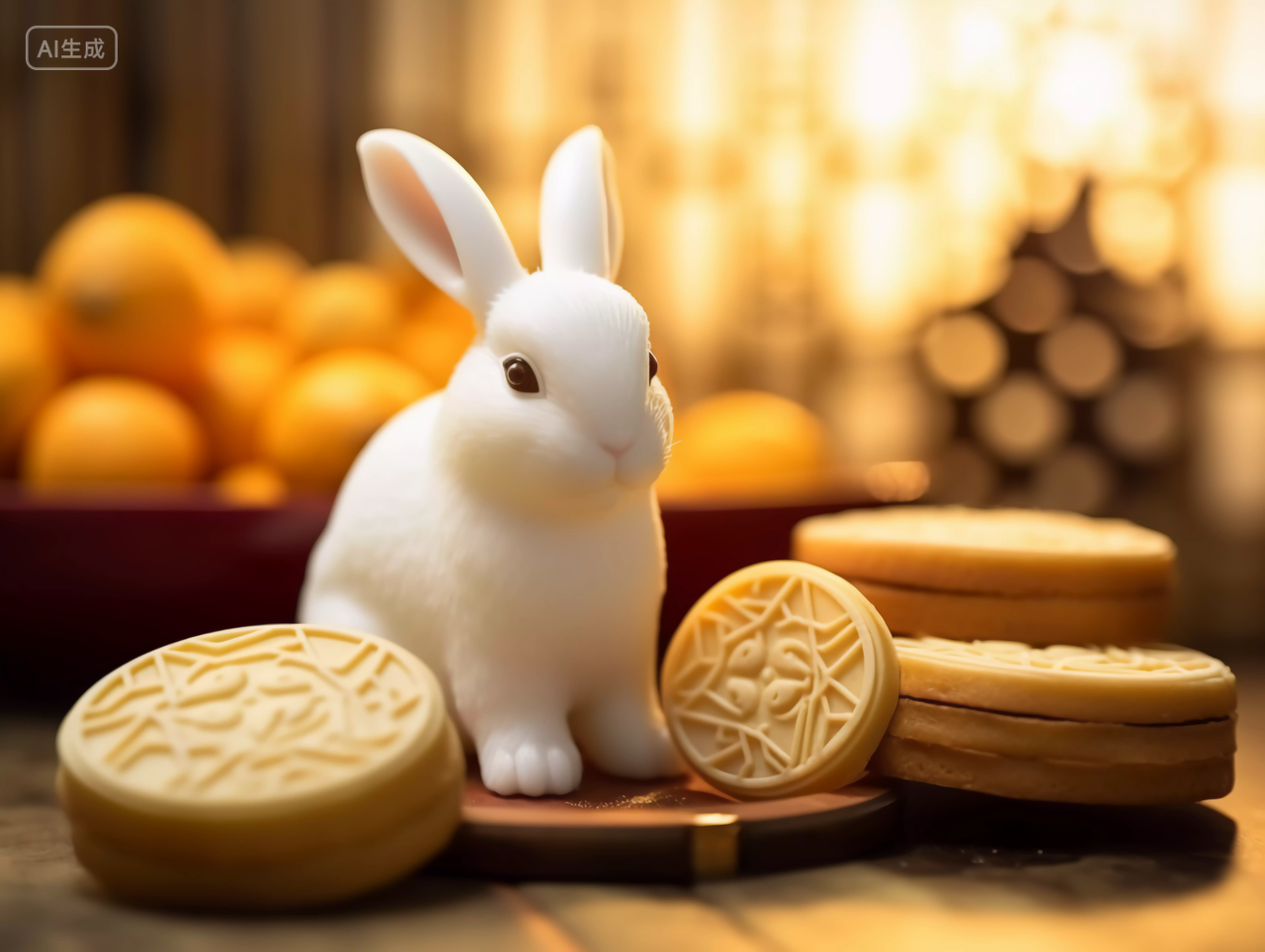 桌子上圆圆的月饼可爱圆润的白色模型小兔子中秋节八月十五中国文化传统节日花好月圆