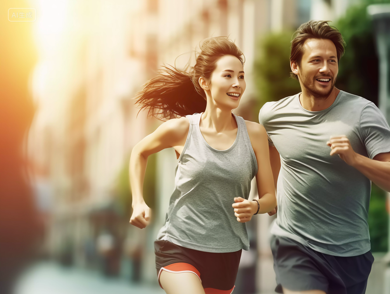 情侣一起在户外跑步运动服运动方式锻炼身体健身健康生活健康生活理念