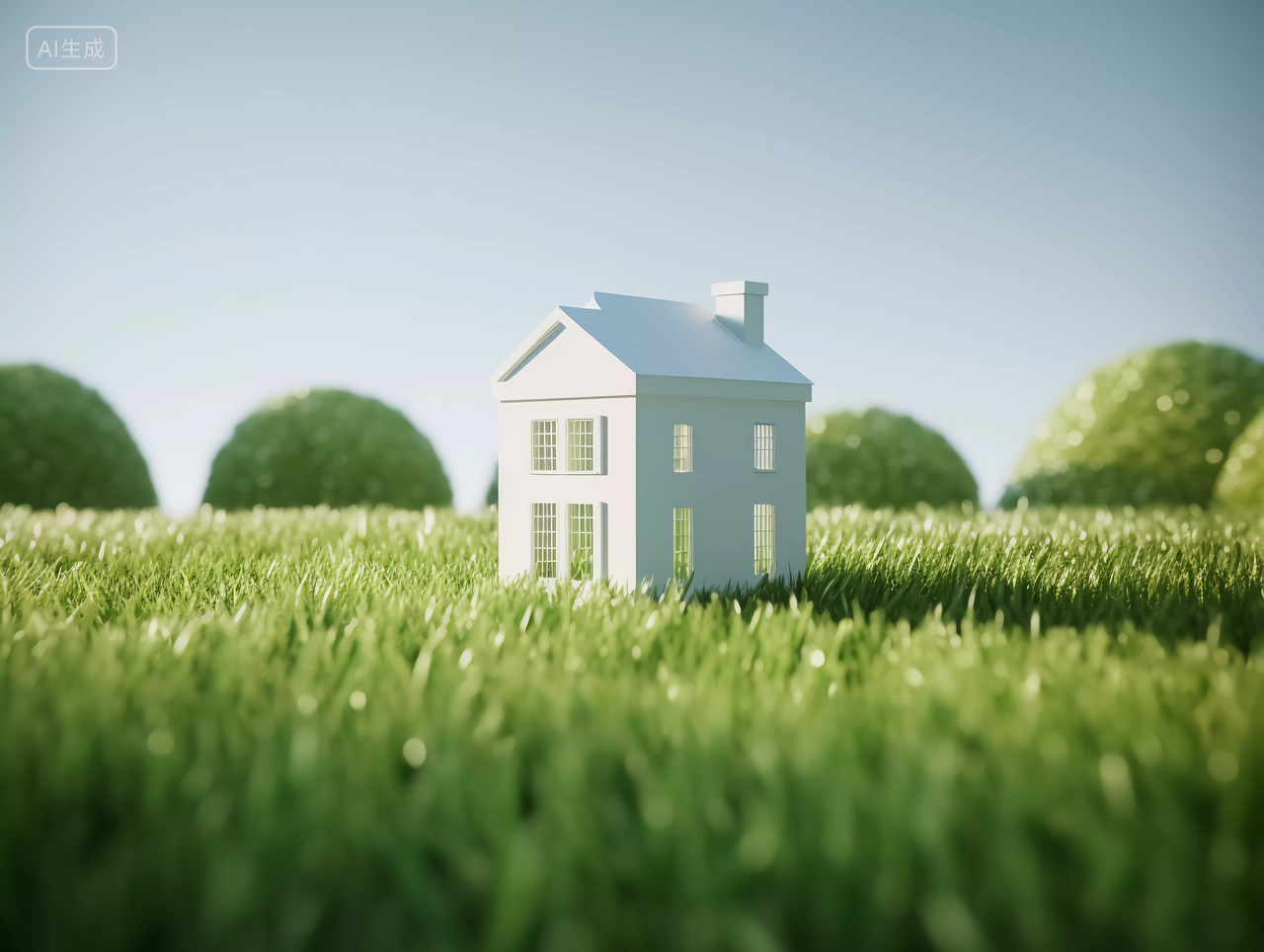 绿色草地上的白色房子模型的创意广告图房子高楼大厦房屋居住房地产摩天大楼都市风景