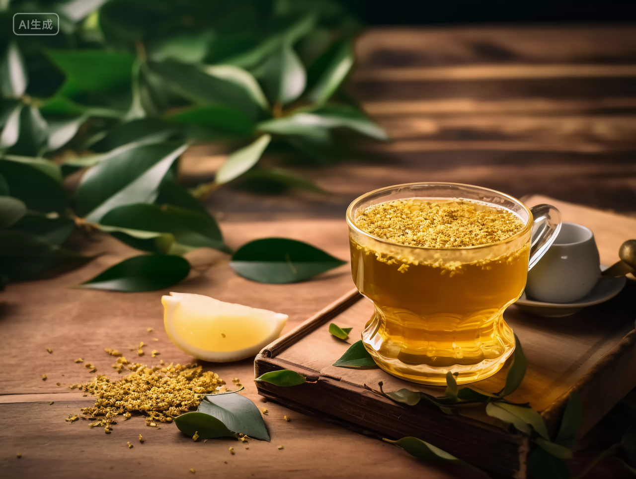 木桌上的桂花茶黄色桂花中秋桂花喜庆中秋节八月十五中国文化传统节日花好月圆