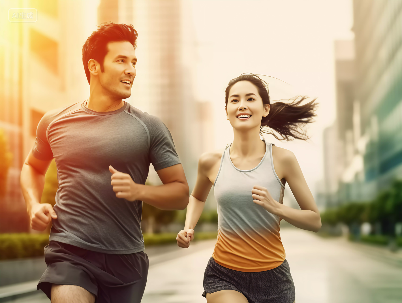 情侣一起在户外跑步运动服运动方式锻炼身体健身健康生活健康生活理念
