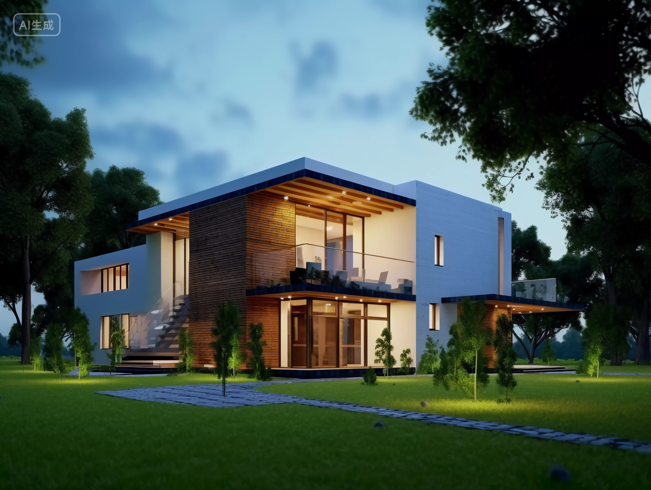 绿色草坪上美丽的现代住宅别墅房子房屋居住房地产风景