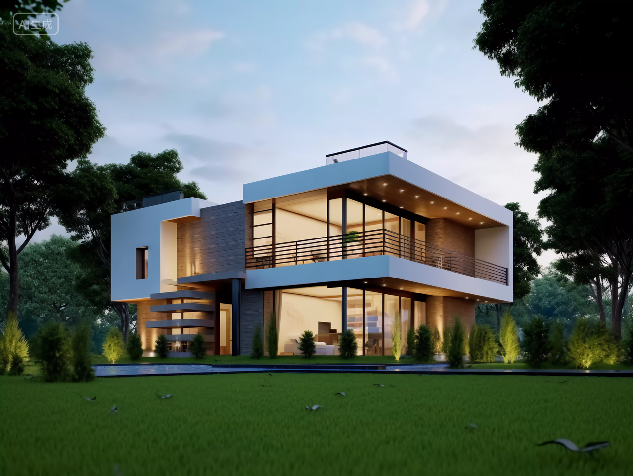 绿色草坪上美丽的现代住宅别墅房子房屋居住房地产风景