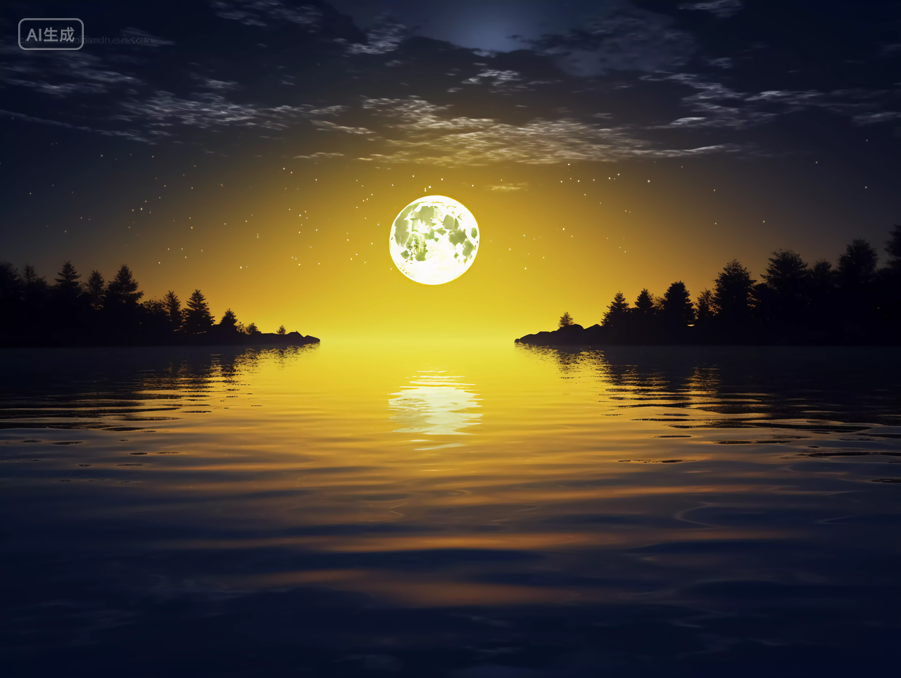 八月十五的中秋月亮圆月湖面夜晚中国文化传统节日花好月圆