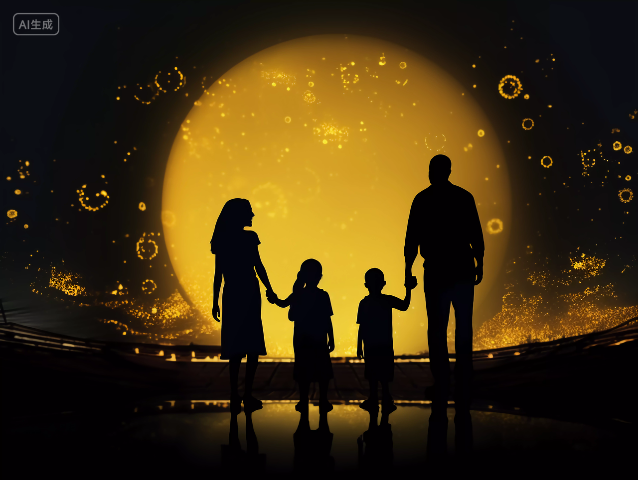 中秋圆月前的一家四口人物剪影八月十五的中秋月亮夜晚中国文化传统节日花好月圆
