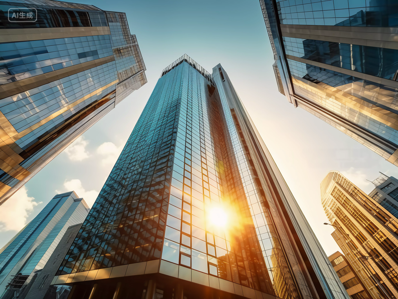 蓝天夕阳下的CBD城市写字楼房子仰视图房子高楼大厦房屋居住房地产摩天大楼都市风景