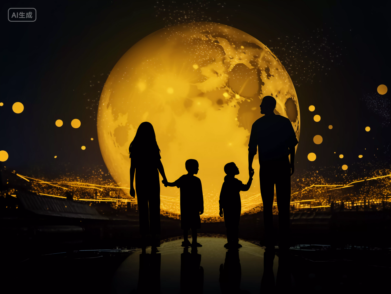 中秋圆月前的一家四口人物剪影八月十五的中秋月亮夜晚中国文化传统节日花好月圆