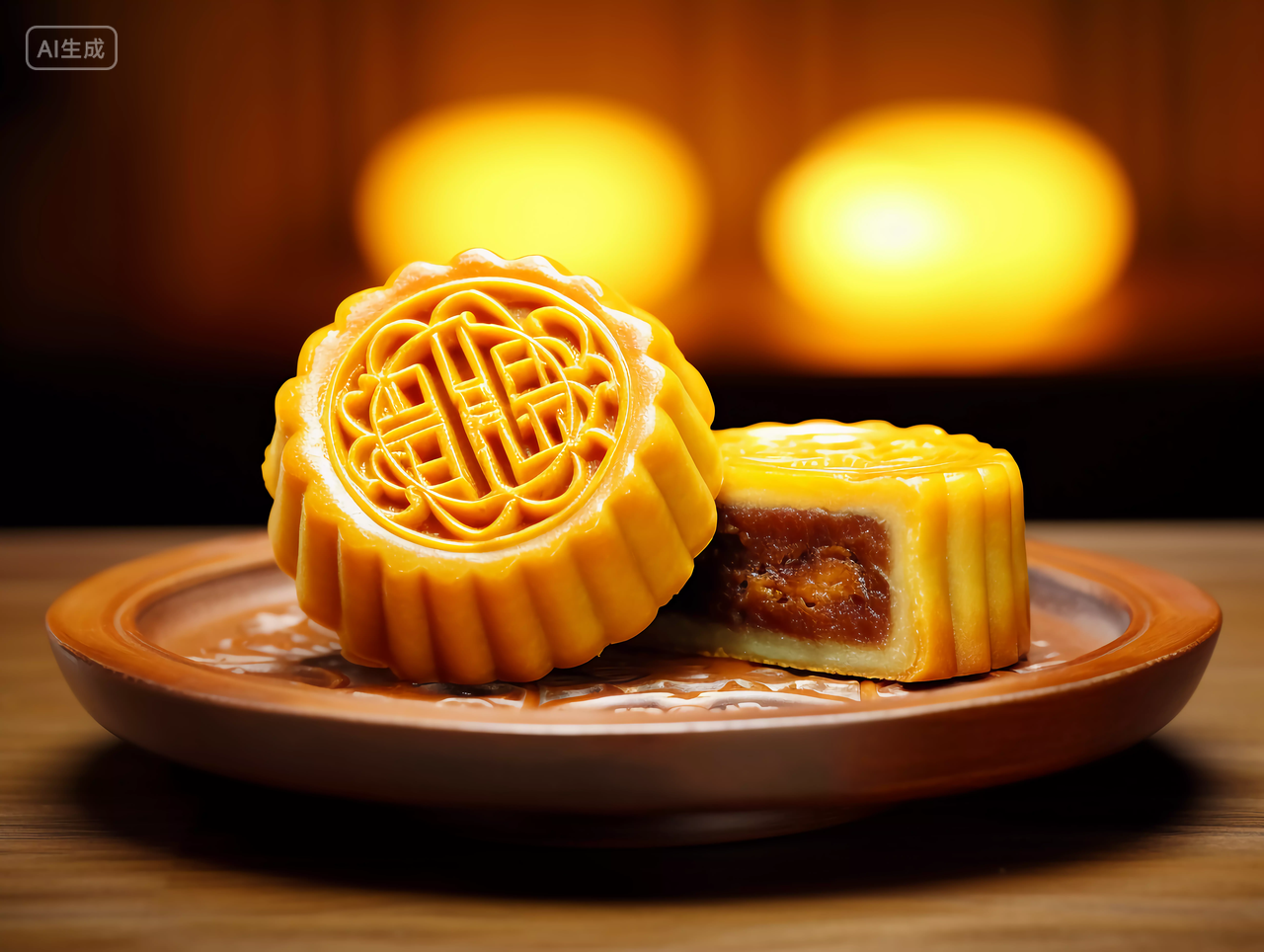 中秋月饼摆放在桌上的的月饼切开的月饼豆沙馅中国传统食物节日八月中秋月饼糕点配图美食