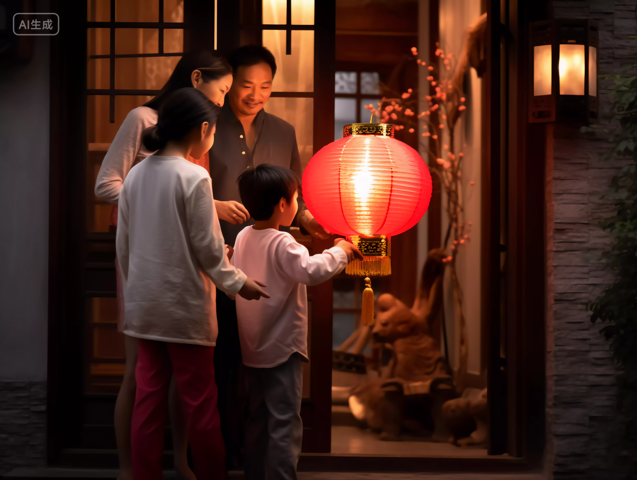 一家人在门口点灯笼中秋的红色灯笼喜庆中秋节八月十五中国文化传统节日花好月圆