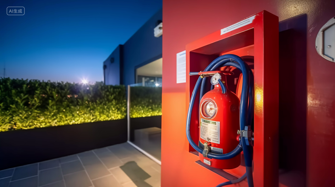 墙上的消防安全设备119火警消防员在火灾中紧急救火全国消防日