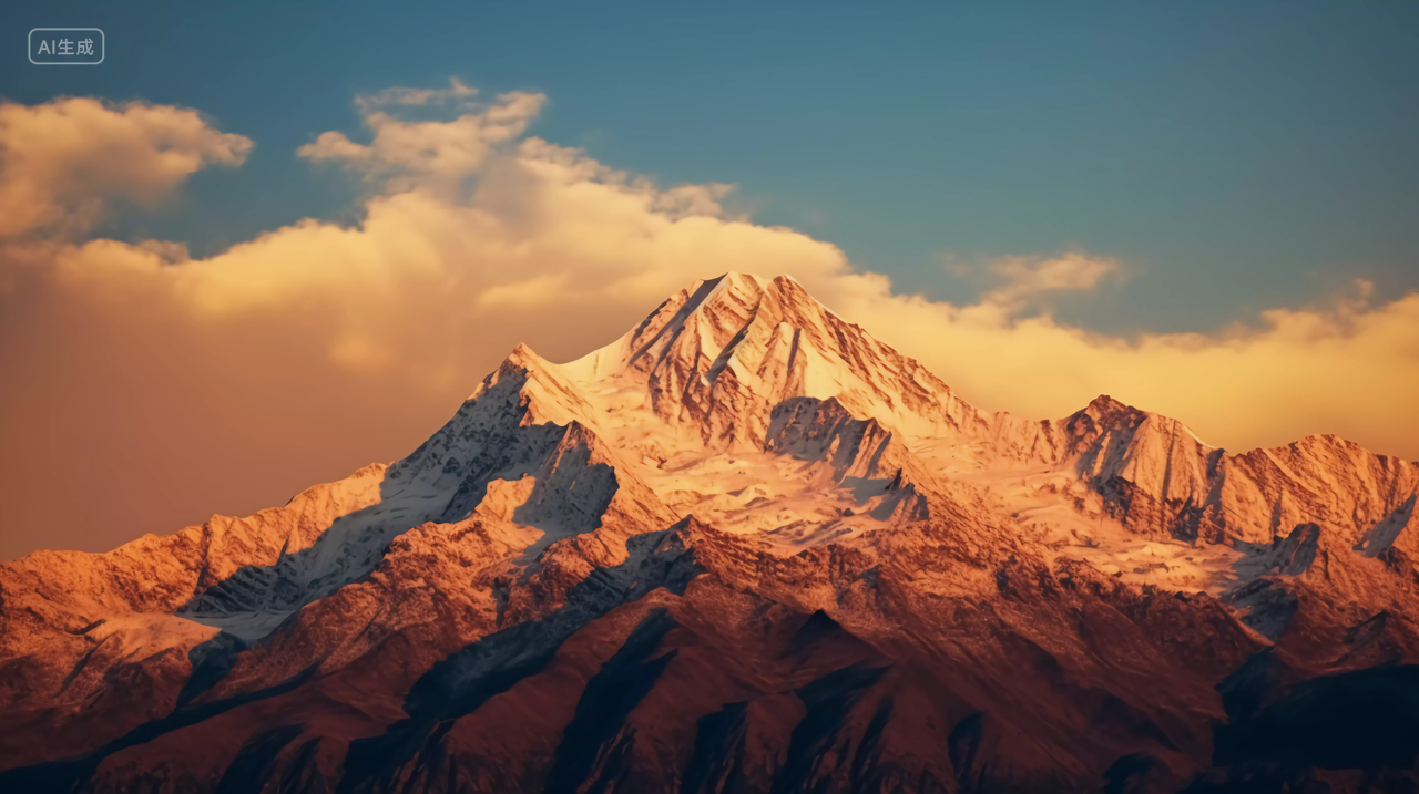 日照金山夕阳蓝天背景下的雪山山天空雪景景观自然风景美丽的大自然旅游宣传壁纸电脑壁纸