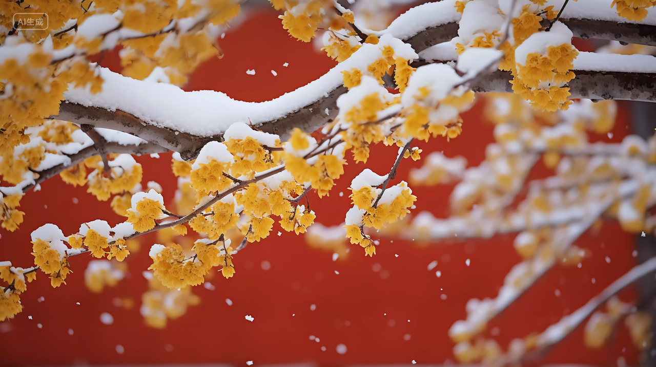 雪中的红墙与黄色腊梅绽放风景壁纸