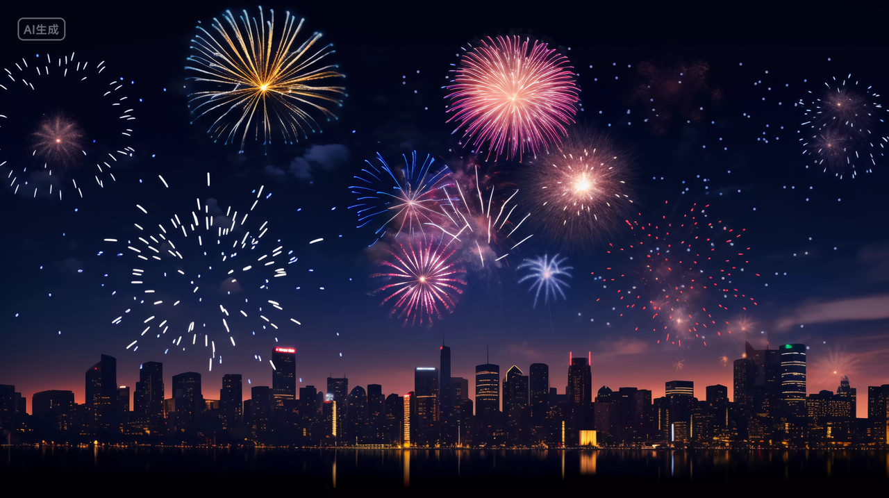 国庆节城市建筑上空绽放的绚丽烟花五颜六色焰火新年庆祝喜庆