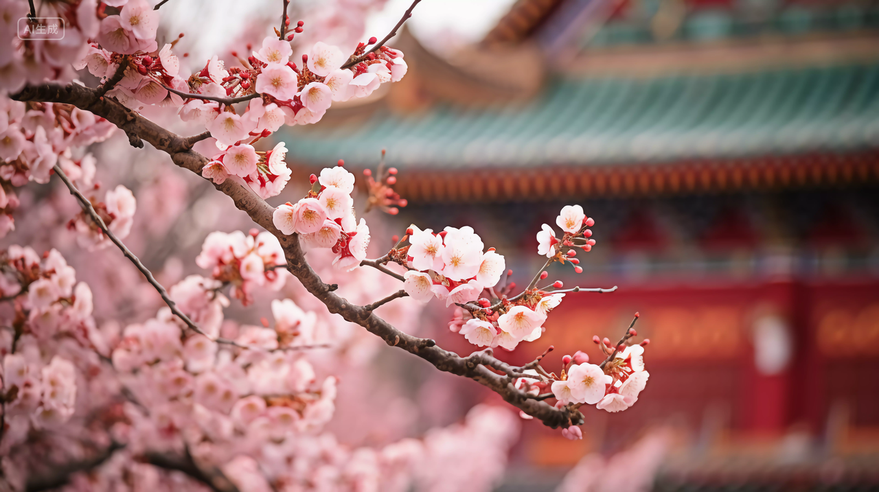 中式古建筑前绽放的梅花