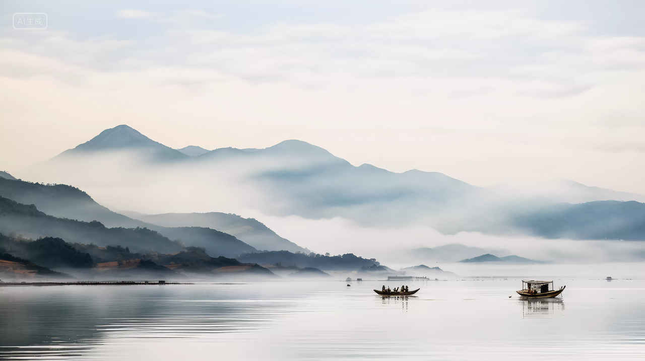 湖面上渔船渔民远景渔船渔民渔夫山水画意境自然景色山湖风景旅游宣传壁纸电脑壁纸