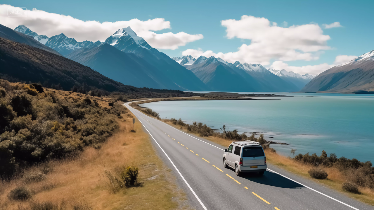 海边公路上行驶的汽车
